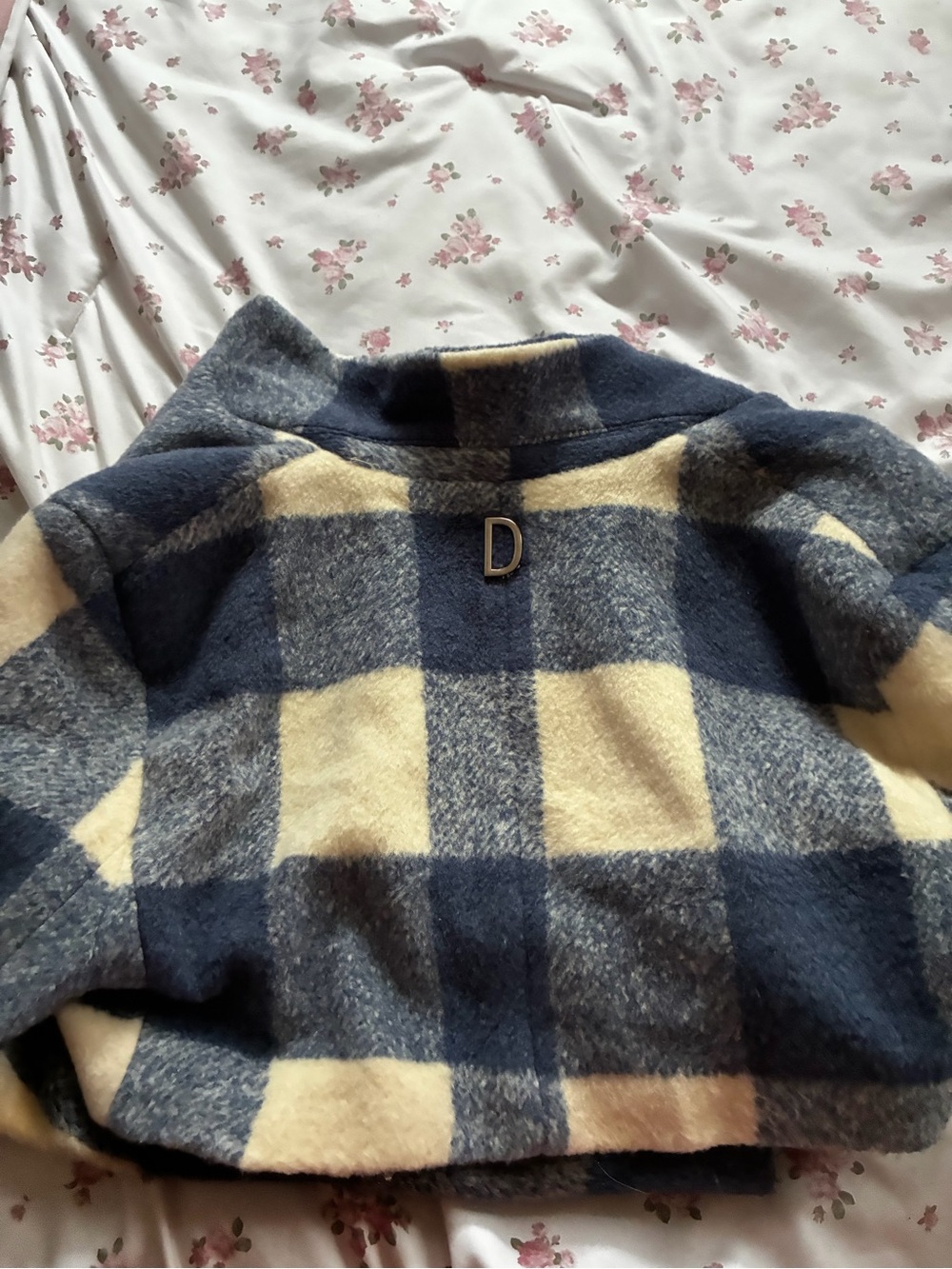 Plaid Wool-Blend Cropped Blazer in Blue & Cream - D Detail
